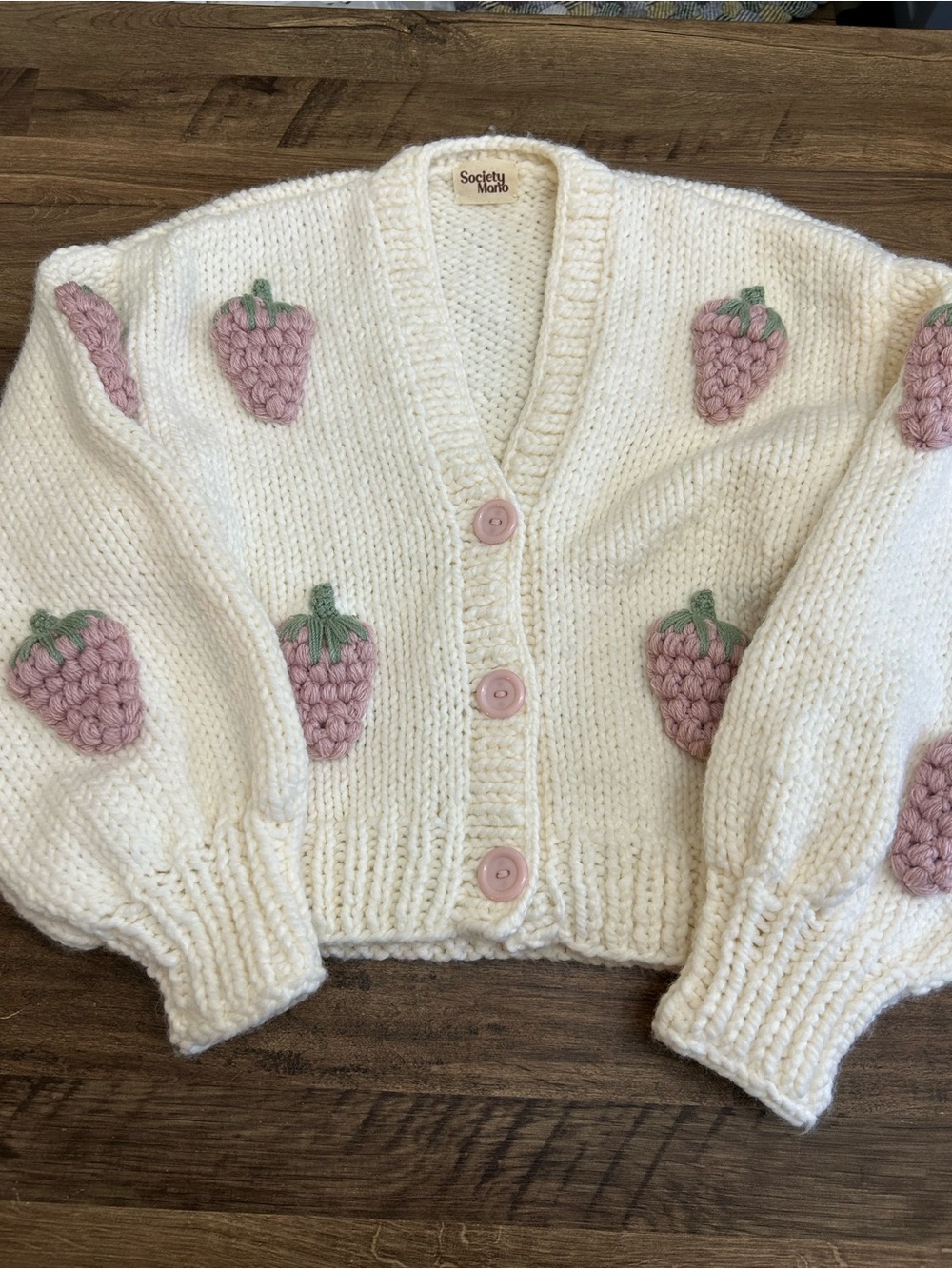 Society Mano Handmade Grapes Chunky Knit Cardigan Cream Purple Cottagecore EUC